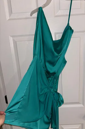 Satin Green Off the Shoulder Cocktail dress thumbnail 3