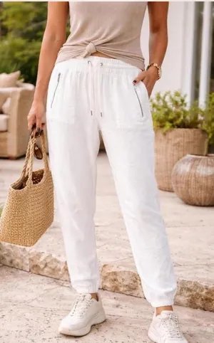 Athleta Cabo Linen Jogger‎ Tall White High Rise Drawstring Pull On Pants thumbnail 1