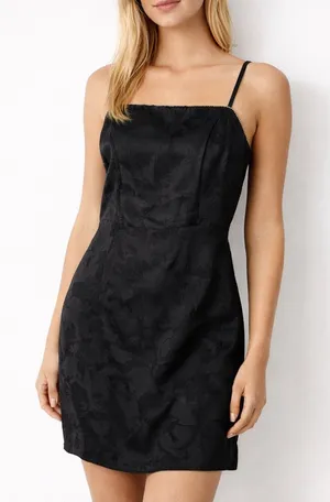 NWT Lulus Sleek Elegance Black Satin Floral Jacquard Rhinestone Mini Dress M thumbnail 1