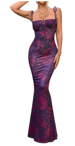 Marthea Floral Mermaid Maxi Dress M Purple Pink Bodycon Y2K Slip Spaghetti Strap thumbnail 1
