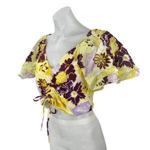 Anthropologie Maeve Womens Multicolor Floral Cinched Crop Peasant Blouse Top M thumbnail 2