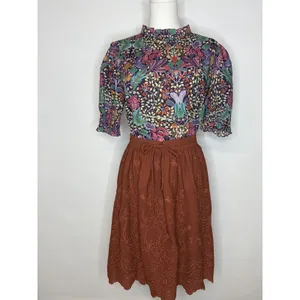 Lottie Rust Brown Eyelet Embroidered Scalloped Mini Skirt Boho Drawstring Waist‎ thumbnail 2