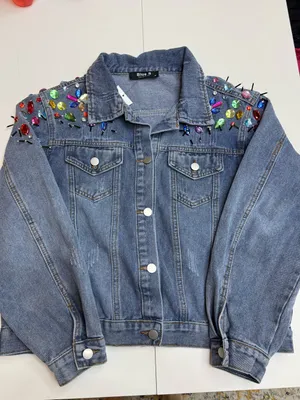 Blue B Collection Denim Jacket with Colorful Rhinestones and Spikes, Size M thumbnail 9