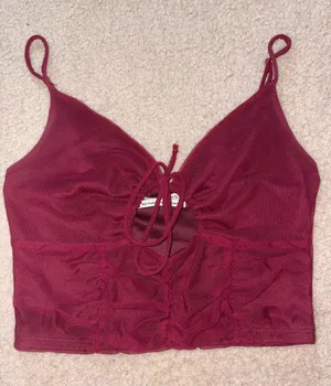 Urban Outfitters Burgundy Mesh Lace-Up Crop Top thumbnail 1