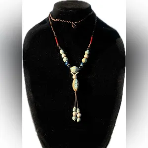 Tahari Elegant Beaded long y-drop Necklace with Blue and Brown Accents 36” thumbnail 4