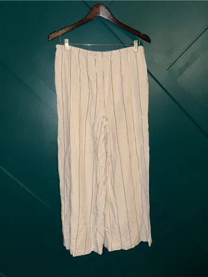 Boho Linen Blend Striped Wide Leg Lounge Pants Cream Drawstring Coastal Grandma thumbnail 3