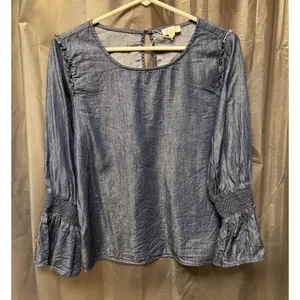 C Women's Blue Solid Denim Blouse M Round Neck Long Puff Sleeve Smocked Cuff New thumbnail 1