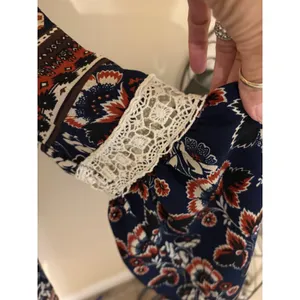 Entro Navy Blue Boho Floral Paisley Bell Sleeve Lace Accent Tunic Top Dress L thumbnail 7