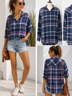 Aerie | EUC Cotton Navy & Purple Plaid Flannel Oversized Button-Down Shirt (S/M) thumbnail 2
