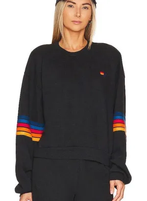 Aviator Nation 5 Stripe Crew Sweatshirt Black Rainbow Sleeve Stripes XS‎ thumbnail 1