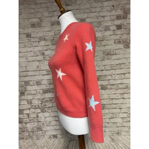 CYNTHIA ROWLEY 100% 2- PLY CASHMERE Sweater Coral Red Stars Embellished Sz‎ M thumbnail 2