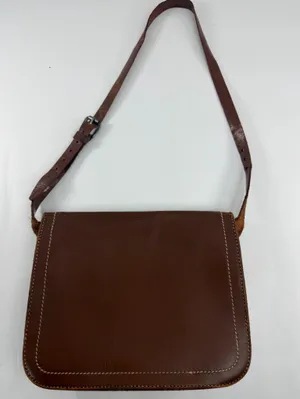 Vintage Brown Leather Crossbody Satchel Bag Contrast Stitch Brass Hardware thumbnail 2