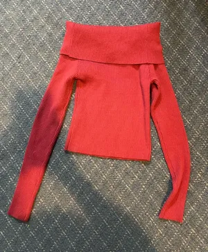 Forever 21 Off-the-Shoulder Fold-Over Ribbed Sweater - Red thumbnail 1