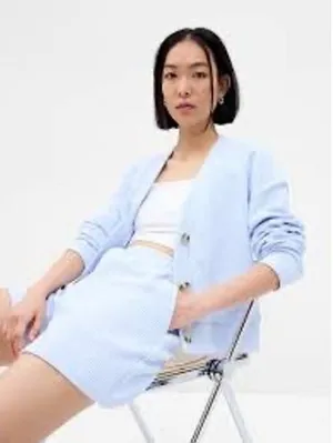 GAP Cardigan Light Blue Ribbed Knit Button Front Cropped V Neck Women's Size L‎ thumbnail 1