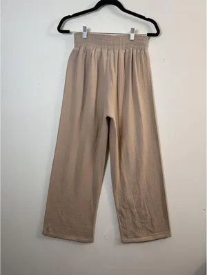 Happily Grey Women’s Medium Beige Cotton Gauze Wide Leg Pants Smocked Waist Boho thumbnail 2