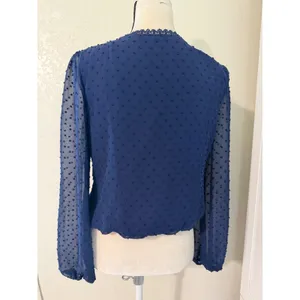 Mi Ami Navy Blue Swiss‎ Dot Lace Trim Faux Wrap Long Sleeve Blouse Medium thumbnail 4