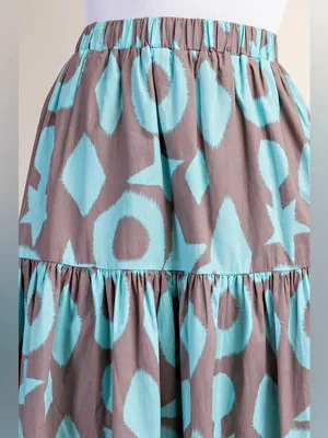 Boutique Geometric Print Tiered Maxi Skirt Taupe Turquoise Boho Resort L thumbnail 4