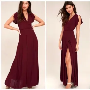 Lulus Burgundy Wide-Leg Jumpsuit NWT | Women’s Small | Flutter Sleeve Deep V thumbnail 2