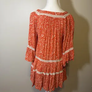 Free People XS Orange Boho Print Tunic Top Blouse W Ivory‎ Crochet Trim Tiered thumbnail 6