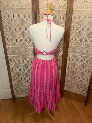 Zara Hot Pink Halter-Style Maxi Dress with White Print thumbnail 4