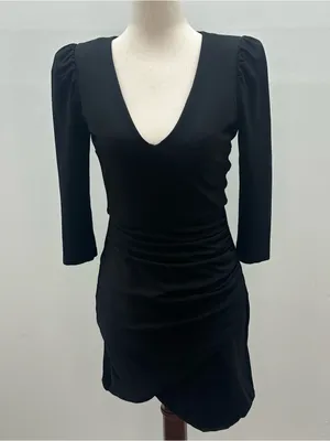 Alice Olivia Black Asymmetrical Mini Dress Plunge Neckline Long Sleeve Size 2 thumbnail 4