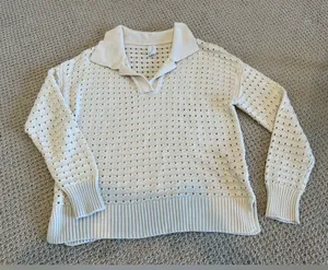 Joie Open Stitch/Weave Sweater, Cream, Size Large, Polo, Cozy, Comfy thumbnail 1