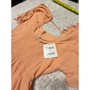 Davi & Dani Peach Smocked Square Neck Puff Sleeve Mini Dress Women's Size S thumbnail 6