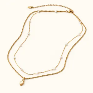 Target 14k Gold Dipped Layered Necklace Mother of Pearl Cubic Zirconia 17-20in thumbnail 3
