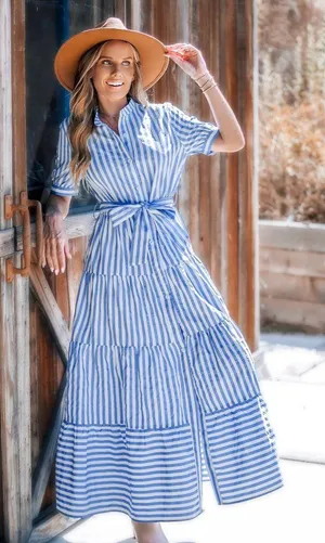 NWT Cupshe Blue Striped Puff Sleeve Front Button Maxi Dress - Size: Small thumbnail 1