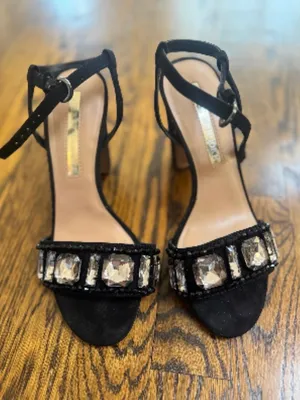 Black suede sandals by Audrey Brooke with gemstones thumbnail 3