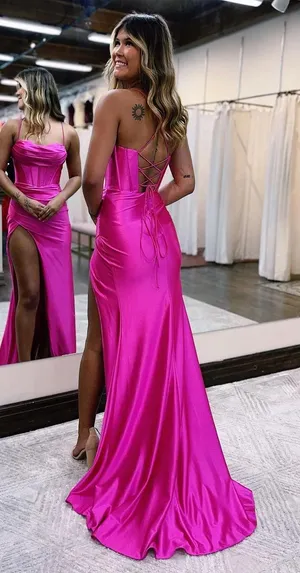 Hot Pink Satin Mermaid Prom Dress thumbnail 2