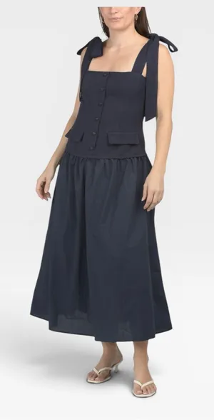 NWT English Factory Silk Blend Square Neck Navy Tie-Shoulder Maxi Dress SMALL thumbnail 1