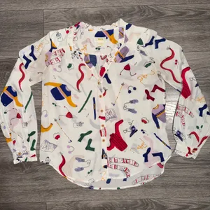 Maeve Anthropologie Blouse Size 2 Winter Gear Novelty Print Ruffle White Multi thumbnail 11