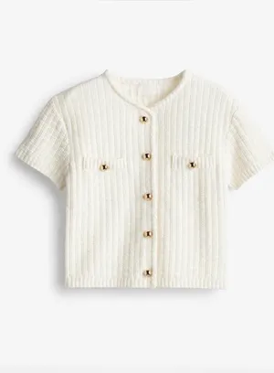 H&M Cream Textured Short-Sleeve Knit Cardigan with Gold Buttons – Size M 🤍 thumbnail 10
