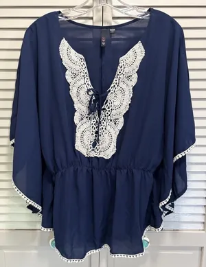 Heart Soul Navy Chiffon Crochet Hem Butterfly Sleeve Blouse Size L Lace Elastic thumbnail 1
