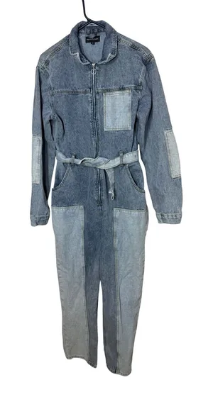PrettyLittleThing Womens Patchwork Denim Jumpsuit Blue‎ Long Sleeve Size 10 thumbnail 1