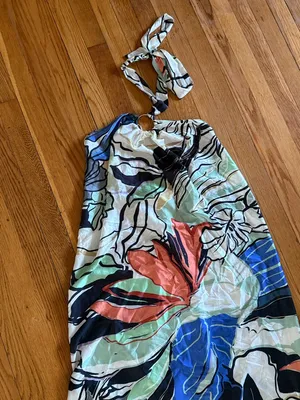 NWT ELAN Botanical Print Ring Halter Neck A-Line Maxi Dress Resortwear S thumbnail 2