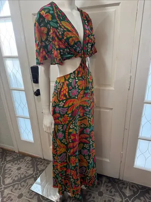 Farm Rio Tropical Cutout Maxi Dress in Green with Pink Orange Floral Print S XL thumbnail 9