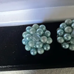 vintage 1950s-1960s cluster clip-on earrings, featuring blue faux pearl thumbnail 2