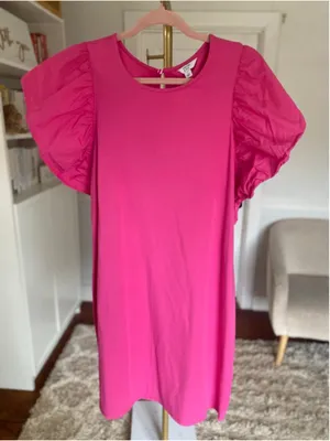Crown & Ivy Hot Pink Mini Dress Puff Sleeve Preppy Quiet Luxury Barbie Vaca Boho thumbnail 2