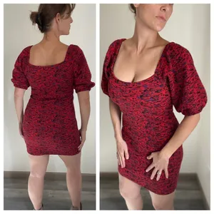 Free People Bodycon Dress Red Jacquard Balloon Sleeves Small Stretchy thumbnail 5