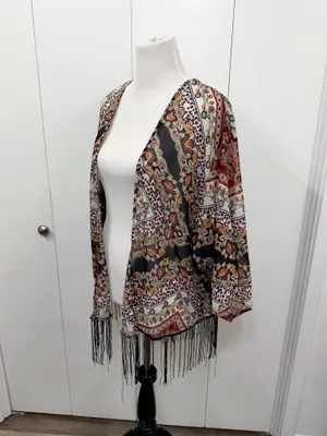 Xhilaration Floral Boho Kimono Cardigan Sheer Fringe Hem Size Large thumbnail 2