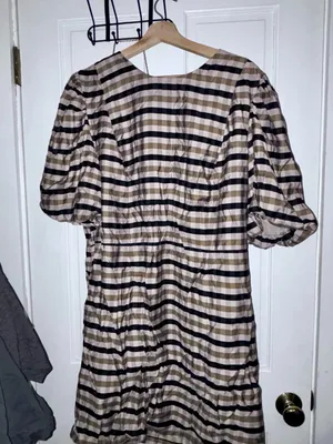 H&M Beige & Black Plaid Midi Dress with Puff Sleeves thumbnail 1
