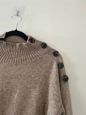 Anthropologie Tan Mock Neck Button Shoulder Tunic Sweater Medium Equestrian Cozy thumbnail 2