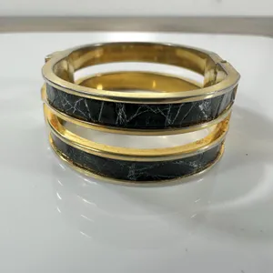 Loewe Gold Tone Black Leather Hinged Bangle Cuff Bracelet 7in Logo Designer thumbnail 3