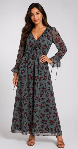 Madewell Green Floral Winter Orchid Willowleaf Tie Sleeves Maxi Dress 10 thumbnail 1