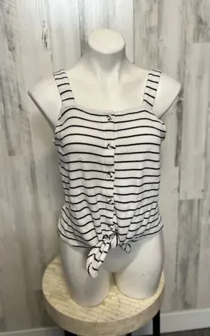 Black and White Striped Tie Front Tank Top Womens Size Small Button Detail Ribbe thumbnail 1