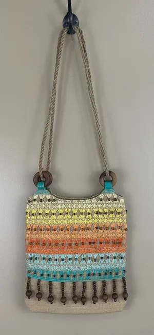 Colorful Embroidered & Beaded Bohemian Festival Jute Shoulder Bag Purse Artsy thumbnail 1
