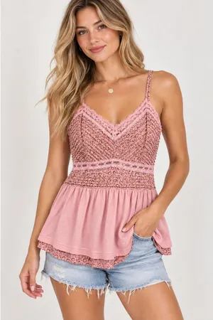 POL Pink Leopard Lace Trim Peplum Camisole Top Women's Size Medium thumbnail 1