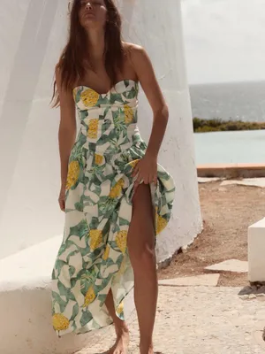 Zara Strapless Fruit Print Maxi Dress - Green & Yellow thumbnail 2